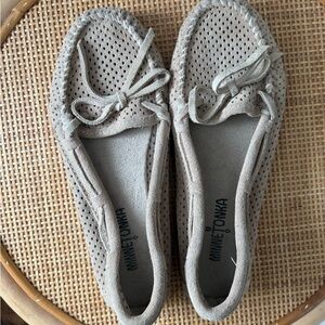 Minnetonka Light Gray Perforated Suede Moccasins with Bow